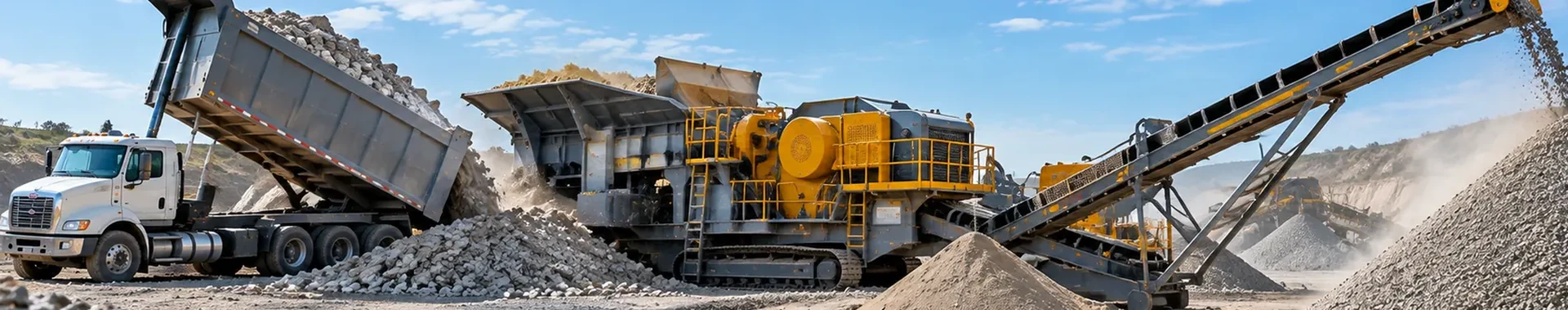 Concrete crushing plant with conveyor and aggregate stockpiles
